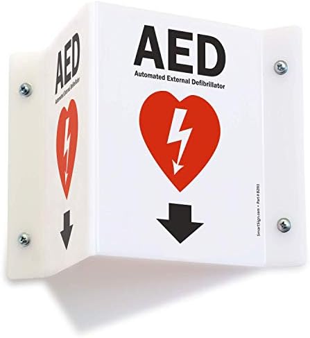 SmartSign AED Two-Sided V-Shaped Projecting Sign with Down Arrow and Symbol, 6 x 5 inch, 120 mil Polished Acrylic, Red/Black/White, Easy Installation on Doors/Walls, Made in USA