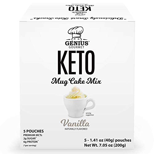 Genius Gourmet Keto Mug Cake Mix - Delicious Keto Desserts with Low Carbs & Low Sugar | Gluten-Free, 6g Protein, 8g Fiber, 5g Net Carbs, Vanilla, 5 Pouches