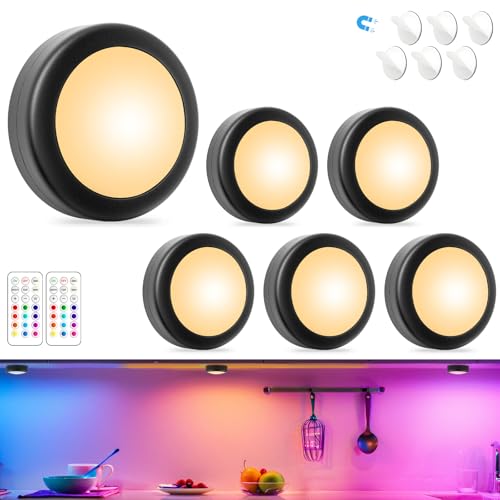 Aokpsrt Magnetic Puck Lights with Remote Control, 3AA Battery Operated, 13 Colors, Dimmable & Timer, Under Cabinet LED Lights for Kitchen, Black 6 Packs