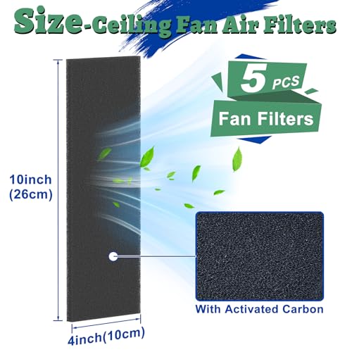 Wintcomfort Ceiling Fan Filters for Blades, 5 Pcs Activated Coconut Shell Carbon Ceiling Fan Air Filter, Easy-Stick Ceiling Fan Blade Filters, Universal Ceiling Fan Blade Filters for Home, Office
