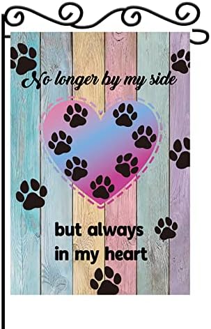 MEFENG No Longer By My Side But Always In My Heart Garden Flag - Paw Print Coloful Wooden Board Garden Banner - Pet Memory Lawn Sign Yard Flag - Dog Cat Loss of Beloved - Indoor Outdoor Decor Double Sided 12 x 18 Inch
