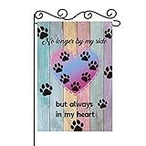 MEFENG No Longer By My Side But Always In My Heart Garden Flag - Paw Print Coloful Wooden Board Garden Banner - Pet Memory Lawn Sign Yard Flag - Dog Cat Loss of Beloved,12 x 18 Inch