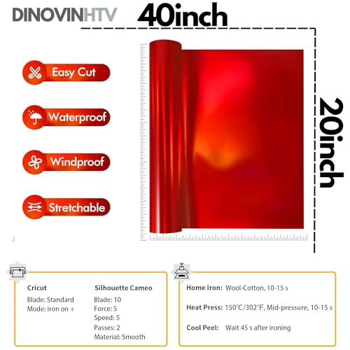 Image of RED FOIL | HTV Vinyl Rolls | Heat Transfer Vinyl | 20inch x 40inch | PU for Shirts | Metallic Finish | Soft Touch | Stretchable | Iron on Vinyl for Cricut & Cameo | Easy to Cut & Weed