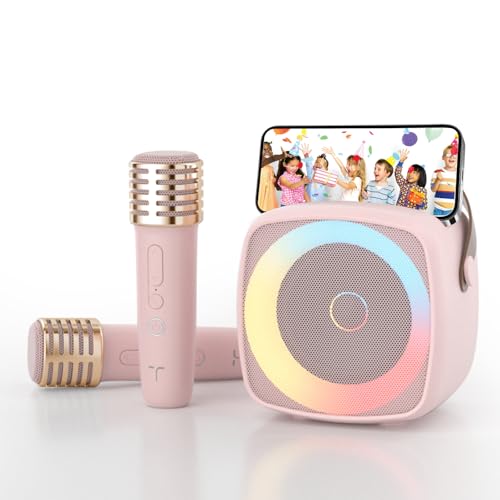 DRSYXCS Mini Machine à Karaoké Bluetooth Avec 2 Micros Sans Fil – Enfants 3-12 Ans, Lumières LED