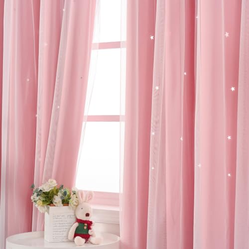 Image of Pink Curtain for Girls Room Cute Blackout Drapes 72 Inches Long Star Cutout