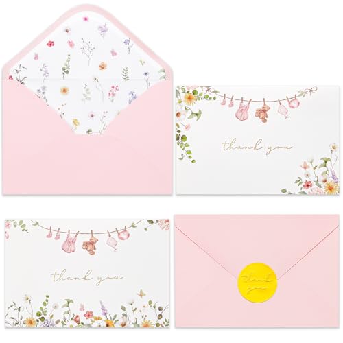 Crisky Baby Shower Thank You Cards with Envelopes & Stickers, 50 Pack Pink Gold Baby Thank You Greeting Cards Bulk for Girl, Watercolor Delicate Wildflower Design
