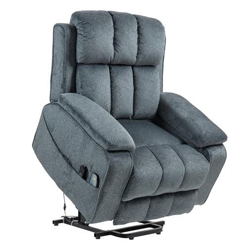 RHHVVR Oversized Lay Flat Recliner for Adults, Large Power Lift Recliner Chair with Extended Footrest, Electric Massage Living Room Sofa Chair, Side Storage Box Cup Holder, Blue Grey