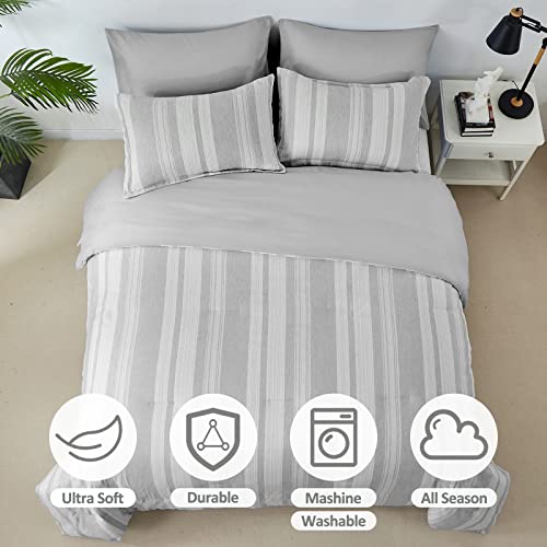 Djoymock Grey Striped Comforter Set King Size 3 Pieces Cationic Dyeing Stripes Comforter Soft Microfiber Down Alternative Bedding Set For All Season 104"X90" #TOP2