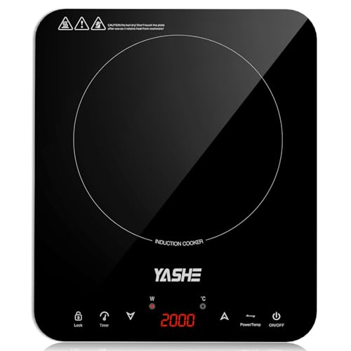 YASHE Induction Hob - Single Induction Hob, 10 Power Setting and 10 Temperature Levels, 2000W Induction Hob 1 Plate, 4-Hour Timer, Safety Lock