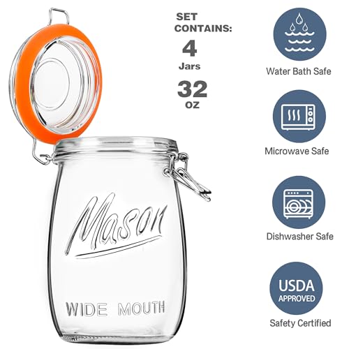 Anwoi Wide Mouth Mason Jars with Airtight Lid 32 oz 4 Pack - Large Mason Jars For Flour and Sugar With Scale Mark Food Storage Canning Jars for Pickling Flour Sugar Pasta Oats Cereal