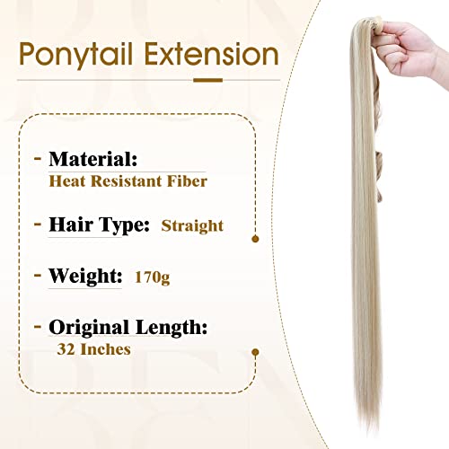 Benehair Ponytail Extension 32 Inches Long Wrap Around Ponytail Hair Extension Straight Synthetic Clip in Hairpiece for Women Light Blon/Platinum Blon mix - Image 4