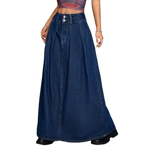 Women's Vintage Double Buckle High-Waisted Frayed A-Line Long Denim Skirt Pockets Blue