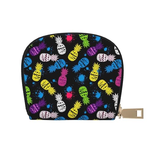 colorful pineapple black Small Wallet for Women Leather Card Case Wallet with Zipper Pocket