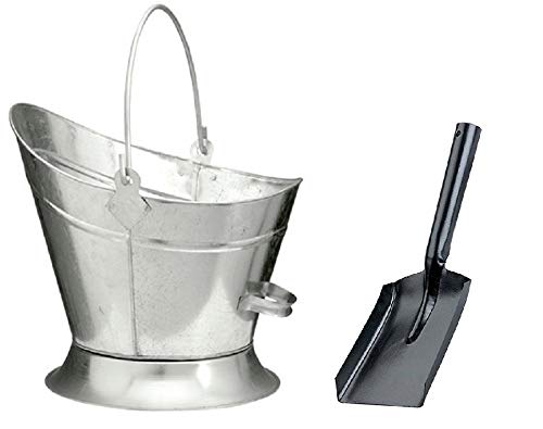 Heavy Duty Metal Fireside Waterloo Bucket Fireplace Hod Scuttle Coal Fuel Ash Wood Log Storage Option with Shovel and Poker (Glavnised Waterloo Bucket + Shovel)