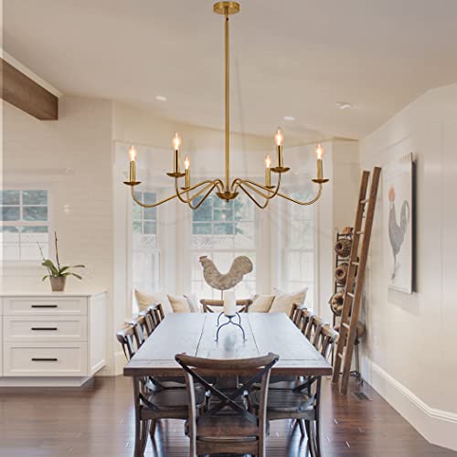 Jonsi Gold Chandeliers Light Fixture, 6 Lights 35" Brushed Brass Chandelier For Dining Room, Sloped Ceiling,Modern Dining Room Light Fixtures Over Table #TOP6