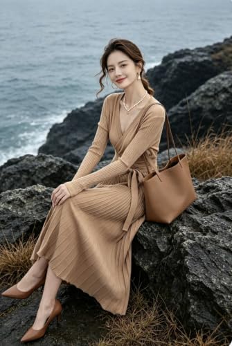 Image of RanRui Womens Winter Fall Pleated Knitted Fit and Flare Long Sleeve Sweater Dress