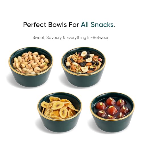 Image of Shay Ceramic Dinner Bowl Set of 4 for Rice, Dal, Salad, Snacks, Fruits & Noodles | Teal with Gold Rim | Microwave Safe Ceramic Serving Bowls for Home, Kitchen & Gifting (Bowl Set of 4 - Teal Gold)