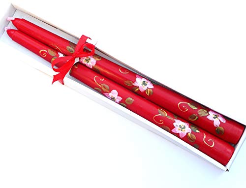 Gift Boxed Red Christmas Taper Candles With Hand Painted Poinsettia Flowers And Golden Swirls Holiday Decorations Goddess Arts Collection #TOP2