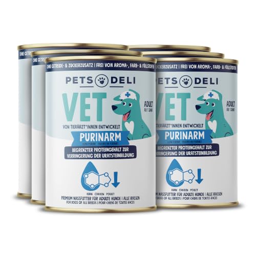 Pets Deli Vet Nassfutter für Hunde, Purinarm, Huhn & Hüttenkäse, 6x400g