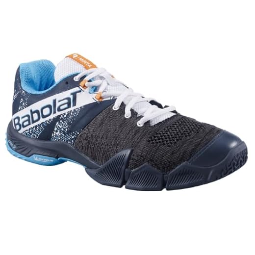 Babolat Chaussures de Padel Homme Movea Men-Maintien et Amorti-2 Sangles Puissantes-Semelle Respirante Ortholite-Marque Française-Grey/Scuba Blue, 40 EU Large