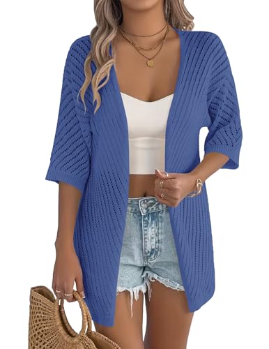 Image of Zeagoo Lightweight Summer Cardigan for Women Short Sleeve V Neck Crochet Kimonos Loose Open Front Hollow Out Cover Ups