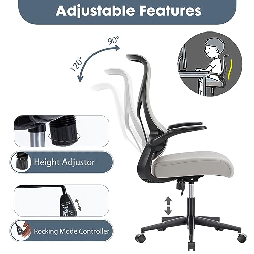 Image of DUMOS Home Office Desk Chair - Ergonomic High Back Mesh Computer Task Chair with Comfy Flip-up Armrests, Swivel Adjustable Height with Wheels, Comfortable Lumbar Support, for Adults, Gery