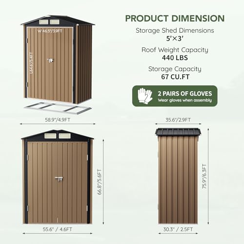 Image of 5x3 FT Outdoor Metal Storage Shed with Floor Frame, Double Door, 1 Clear Window, Tool Shed for Garden, Patio, Backyard Brown