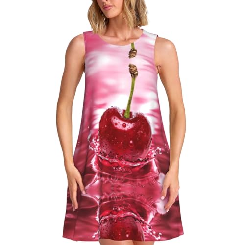 Vestido casual de verano para mujer, con estampado de cerezas rojas, vestido de chaleco, falda de vacaciones en la playa, vestido redondo sin mangas, Negro, L