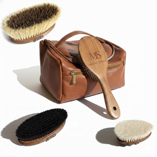 Masiel Spark Premium Horse Brushes Set (4 Pieces) - Essential Equine Care Set with Beechwood Brushes, Natural Bristles, and Handcrafted Leather Bag - Luxury Gift for Horse Riders and Owners