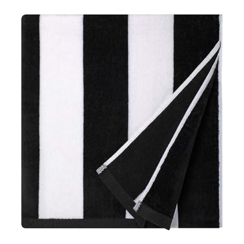 CLOWOOD Cotton Oversized Beach Towel - Large 35 x 70 in Striped Pool Towel Soft Velour Big Cabana Swimming Towel (Black)