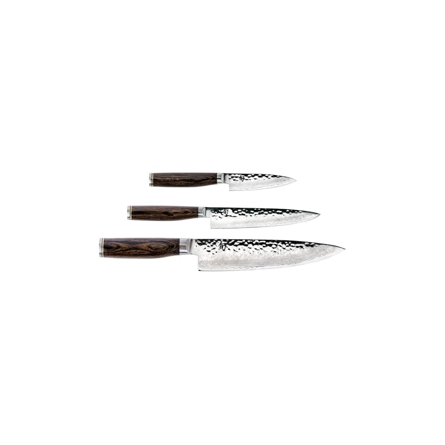 Shun Premier 3 Piece Starter Set, Includes 8" Chef, 4" Paring & 6.5" Utility Knives, Handcrafted Japanese Knife Set, VG-MAX Core with Damascus Stainless Steel Cladding, Pakkawood Handle