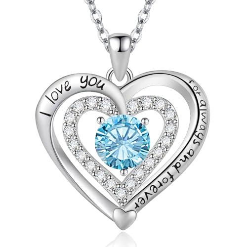 Heart Necklace, I Love You Always & Forever, Birthstone Cubic Zirconia Pendant, Gift for Women
