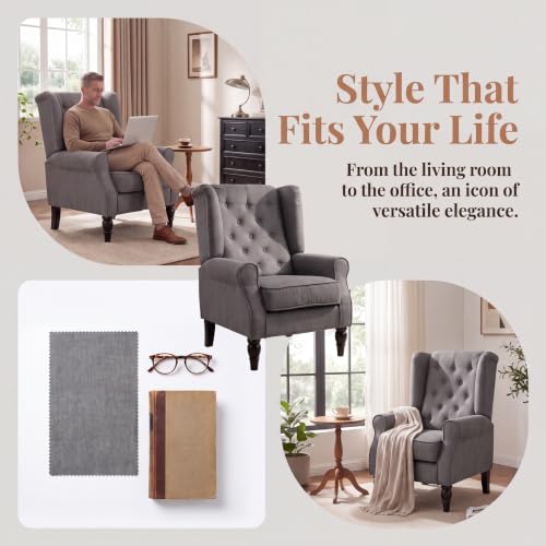 Image of Tufted Wingback Accent Manual Single Lounge Recliner Chair, Gray | Tufted Wingback Accent Chair, Upholstered Single Lounge Chair with Solid Wood Legs