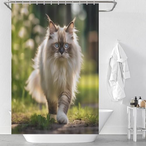Rideau de douche chat mignon en polyester lavable et imperméable de 122x183cm - 2