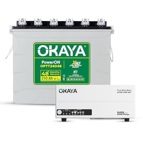 Okaya Inverter with Battery Combo for Home,Office & Shops | ATSW 1700 12V Pure Sine Wave Inverter 1450VA with 36 Months Warranty & OPTT24048 210Ah...