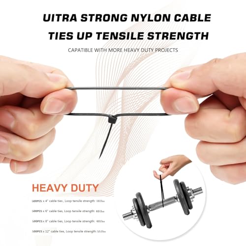 Image of Zip Ties Assorted Sizes(4 inch+6 inch+8 inch+12 inch), 2000 Pack,Black Cable Ties,Multi-Purpose Self-Locking Nylon Cable Cord Management,Plastic Wire Ties for indoor and outdoor use.