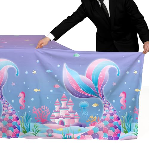 Image of Gatherfun Mermaid Party Supplies Set: 2-Pack Rectangular Plastic Tablecloths, 54 x 108 Inches, Purple (Gradient) Mermaid Pattern, Kids & Girls 1st Birthday Decorations