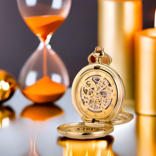 ManChDa Pocket Watch - Pocket Watches Chain Mechanical Double Cover Pocket Watches Steampunk Skeleton Antique Roman Numerals Wind Up Fob for Men + Gift Box | Gold