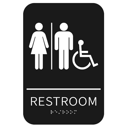 Citybasics ADA Braille Restroom Sign – Self Adhesive Signage with 3M Tape, High-Contrast Handicap Accessible Bathroom Sign for Office, Business, Home, Toilet Door or Wall – 9” x 6 (Unisex)