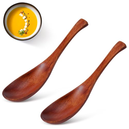 Cyrank 2 Stück Holzlöffel, Esslöffel Suppenlöffel aus Holz, Japanischen Ramen-Suppenlöffel, Japanischer Suppenkelle Mit Griff, 6,1 Zoll, kurzer Griff, Tafellöffel, Küche, Kochen, Verkostung