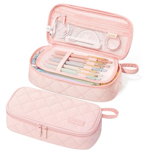 SUNEE Cute Pencil Case Large Capacity Pencil Pouch Aesthetic Zipper Pencil Bag Big Storage Pen Organizer for Stationery Soft Quilted Pencil Box Back to School Supplies for Teen Girls Boys Soft Pink