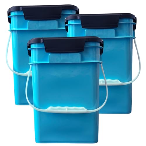 Image of House Naturals 4 Gallon Square Food Grade Bucket Pail with Plastic Handles and Lid (Pack of 3) Made in USA containers (Aqua - Black lids)