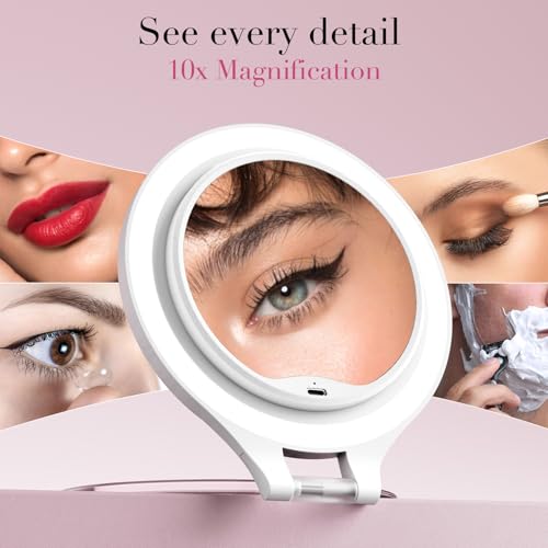 Lighted Double-Sided Travel Makeup Mirror for Vanity - 10X/1X Magnification