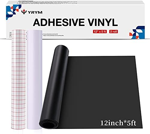 YRYM HT Permanent Adhesive Vinyl Rolls - 12" x 5ft Matte Black Adhesive Vinyl and White Adhesive Vinyl & Transfer Tape Set,Black and White Adhesive Vinyl Sheet for Craft Projects