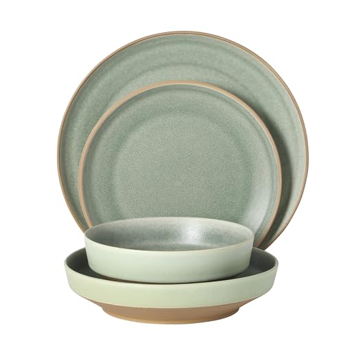 Image of Gibson Elite Octavia Place 16 Piece Stoneware Dinnerware Set, Service for 4, Coupe Modern Plates & Bowls, Reactive Glaze Finish, Green, Microwave & Dishwasher Safe
