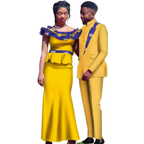 African Couple Clothes Matching Sets Satin Long Dresses for Women and African Suits for Men Dashiki Lovers Outfits
