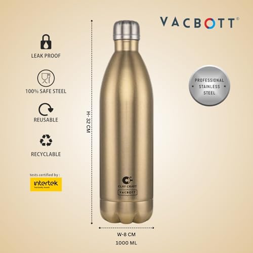 Image of CLAY CRAFT VACBOTT Stark Sparkle Double Walled Thermosteel|18 Hours Hot and 24 Hours| Cold Water Bottle Vacuum Insulated Flask Bottle|1000 ml, 2 Piece, Water Bottles for School, Home, Gym, Leakproof