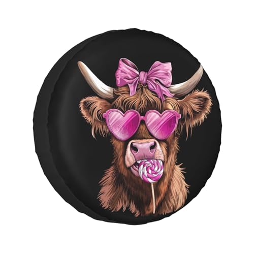 Image of Highland Cow Pink Heart Glasses Lollipop Bow Valentine Spare Tire Cover Wheel Protectors Dust-Proof Sun Protection Wheel Tire Covers Universal Fit for Truck SUV RV Camper Trailer 16 inch