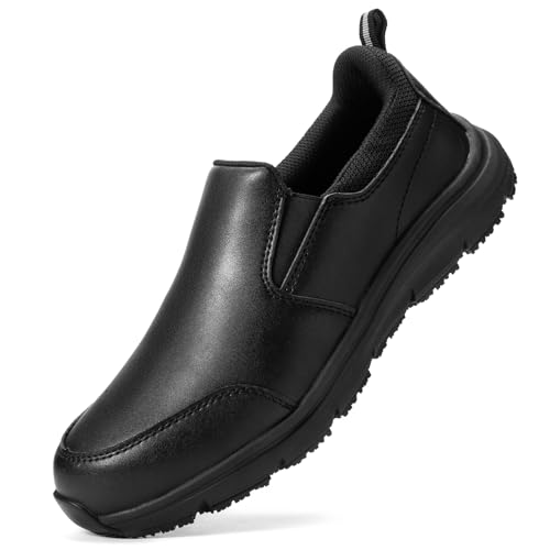 Image of NAVEKULL Men's Non Slip Food Service Shoes Water Resistant Kitchen Restaurant Chef Slip Resistant Work Shoes Black Leather