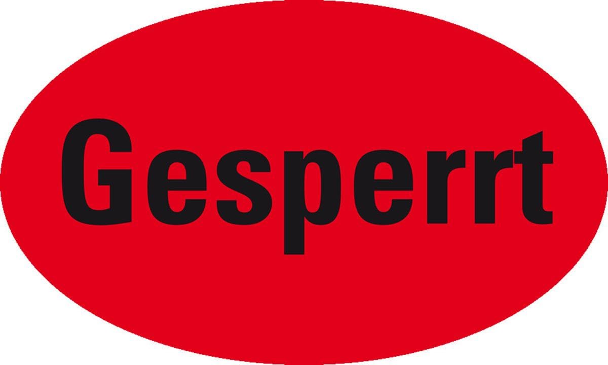 Organisationsetikett Gesperrt, oval rot, Haftpapier, ablösbar, 90x53mm, 500/Rolle